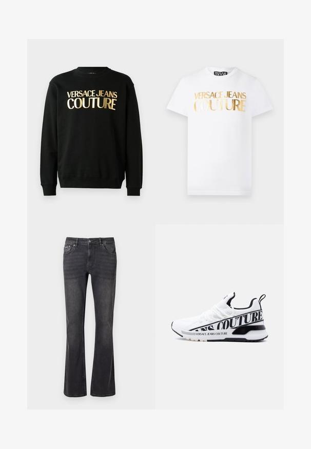 Musta puuvilla-polüesterist valmistatud dressipluus, mille esiküljel on julge fontiga kuldne trükk "VERSACE JEANS COUTURE".; Valge lühikeste varrukatega T-särk, mille esiküljel on kuldse metallikuga kiri "Versace Jeans Couture" ja ümara kaelusega.; Mustadest denimist valmistatud teksased, millel on laienev disain, viis taskut ja metallne nööbi kinnitamine. Kangas on sileda tekstuuriga ja kergete kulumisjälgedega.; Valge sportlik jalanõu mustade detailidega, mille pealiskihil on võrk, tekstureeritud tald ning suur "Versace Jeans Couture" logoga küljes.