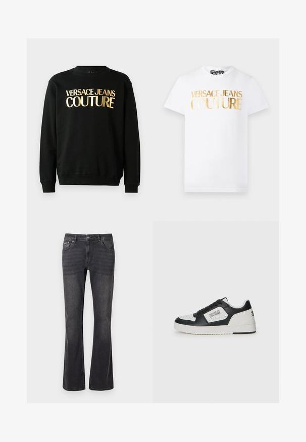 Sudadera negra hecha de una mezcla de algodón y poliéster, con texto impreso en dorado "VERSACE JEANS COUTURE" en el frontal en una fuente en negrita.; Camiseta blanca de manga corta con texto metálico dorado "Versace Jeans Couture" en el frente y cuello redondo.; Jeans de mezclilla negra con diseño acampanado, cinco bolsillos y cierre de botón metálico. La tela tiene una textura suave con un ligero desgaste.; Zapatilla en blanco y negro con parte superior de cuero liso, caja de dedos perforada, panel blanco en contraste y detalle del logotipo en el costado y el talón.