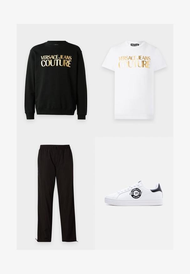 Sort sweatshirt lavet af en blanding af bomuld og polyester, med gyldent trykt tekst "VERSACE JEANS COUTURE" på forsiden i en fed skrifttype.; Hvid kortærmet T-shirt med gyldent metallisk "Versace Jeans Couture" tekst på fronten og rund halsudskæring.; Sorte letvægtsbukser med elastisk talje, snørrelseslukning og lynlåse i kanten for justerbar pasform. Glat, elegant tekstur.; Hvid lavtop-sneaker med sort hælfane, sort cirkulært "Versace Jeans Couture"-logo på siden, hvide snørebånd og præget tekst på sålen.