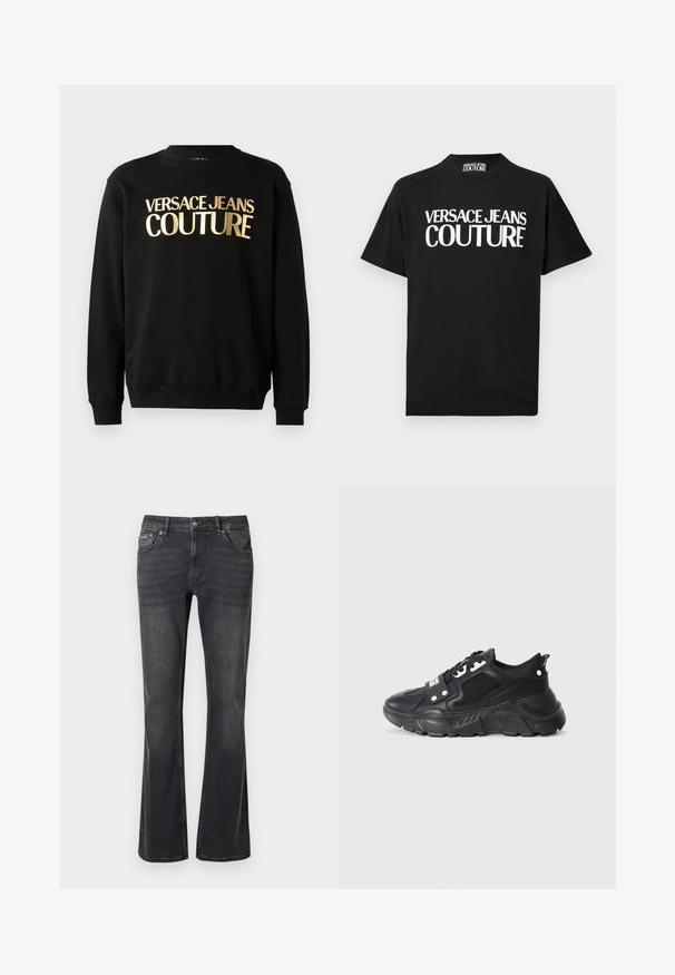 Schwarzer Kapuzenpullover aus einer Baumwoll-Polyester-Mischung, versehen mit dem goldenen Druck "VERSACE JEANS COUTURE" auf der Vorderseite in einer markanten Schriftart.; Schwarzes T-Shirt mit kurzen Ärmeln und auffälligem weißem Schriftzug "VERSACE JEANS COUTURE" mittig auf der Vorderseite sowie einem passenden Etikett im Krageninnenteil.; Schwarze Jeans aus Denim mit ausgestelltem Design, fünf Taschen und einem Metallknopfverschluss. Der Stoff hat eine glatte Textur mit dezentem Verblassen.; Schwarzer Sportschuh mit einem strukturierten Mesh-Panel, dickem Gummi-Sohle, kontrastierenden Akzenten und einer Schnürung. Verfügt über eine Ziehschlaufe an der Rückseite.