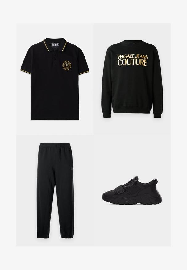 Sort sweatshirt lavet af en blanding af bomuld og polyester, med gyldent trykt tekst "VERSACE JEANS COUTURE" på forsiden i en fed skrifttype.; Sort polo-shirt lavet af bomuld med en krave med gule striber, to-knap lukning og et broderet rundt logo på venstre bryst.; Sorte sweatpants med elastisk talje, skrå ben og et lille mærketegn. Fremstillet af glat, let stof.; Sort chunky sneaker med mesh- og læderpaneler, tyk tekstureret sål, snørelukning foran og en strop med metalnitter over snørebåndene.