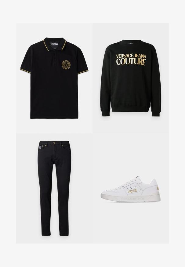 Sort sweatshirt lavet af en blanding af bomuld og polyester, med gyldent trykt tekst "VERSACE JEANS COUTURE" på forsiden i en fed skrifttype.; Sort polo-shirt lavet af bomuld med en krave med gule striber, to-knap lukning og et broderet rundt logo på venstre bryst.; Sorte denim jeans med slim fit, udstyret med guldfarvet metalhardware, fem lommer og et lille brandlabel på højre lomme.; Hvid lavt sneaksko med perforerede detaljer, snørelukning foran og guld "Versace Jeans Couture" logoer på siden og hælen.