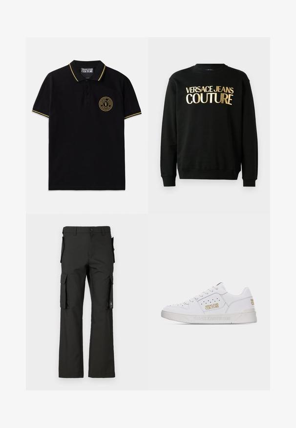 Sort sweatshirt lavet af en blanding af bomuld og polyester, med gyldent trykt tekst "VERSACE JEANS COUTURE" på forsiden i en fed skrifttype.; Sort polo-shirt lavet af bomuld med en krave med gule striber, to-knap lukning og et broderet rundt logo på venstre bryst.; Sorte cargobukser med lige ben-design, der har flere sidelommer og en knappelukning. Fremstillet af slidstærkt stof med en glat tekstur.; Hvid lavt sneaksko med perforerede detaljer, snørelukning foran og guld "Versace Jeans Couture" logoer på siden og hælen.