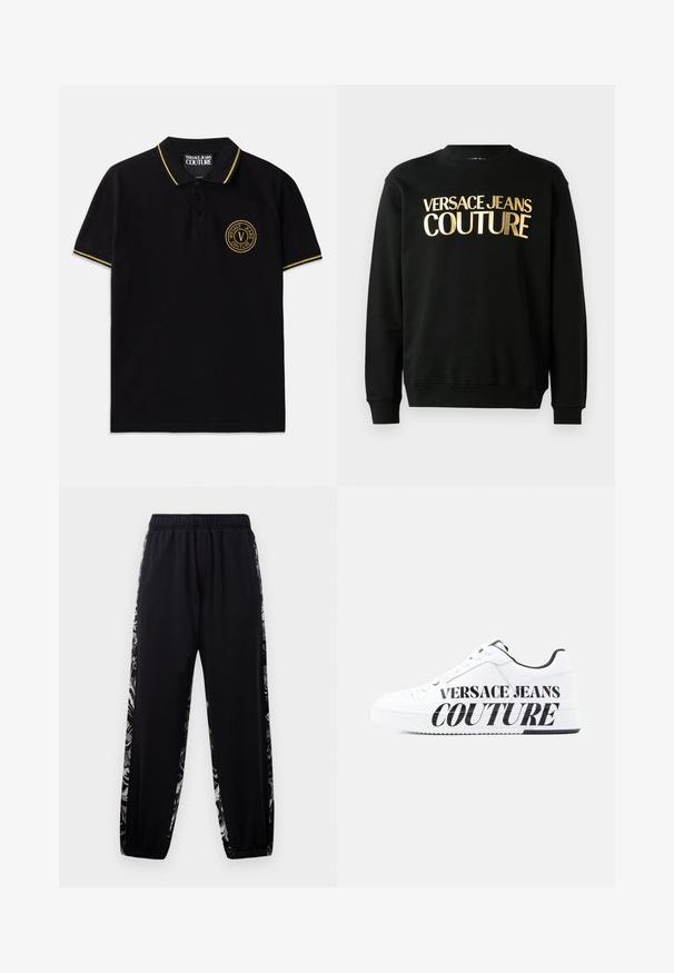 Sort sweatshirt lavet af en blanding af bomuld og polyester, med gyldent trykt tekst "VERSACE JEANS COUTURE" på forsiden i en fed skrifttype.; Sort polo-shirt lavet af bomuld med en krave med gule striber, to-knap lukning og et broderet rundt logo på venstre bryst.; Sorte joggerbukser med elastisk talje og manchetter, prydet med grå og hvide blomsterprintstriber langs ydersiden af benene.; Hvid lav sneaker med sort indvendig foring, snørelukning foran og stor sort tekst "Versace Jeans Couture" på siden af sålen og overdelen.