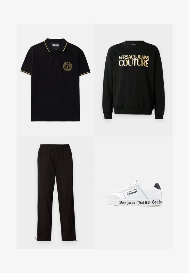Čierna mikina vyrobená z bavlnenej a polyesterovej zmesi, s pozláteným potlačou textu "VERSACE JEANS COUTURE" na prednej strane v tučnom písme.; Čierny polo tričko vyrobené z bavlny má golier so žltými pruhmi, zapínanie na dve gombíky a vyšitý kruhový logotyp na ľavej hrudi.; Čierne ľahké nohavice s elastickým pásom, sťahovacím pásom a zipsami na spodnej časti, ktoré umožňujú prispôsobiť veľkosť. Hladká, lesklá textura.; Biele tenisky s textúrovaným povrchom, čiernymi akcentmi a výrazným logom "Versace Jeans Couture" pozdĺž podrážky a strán.