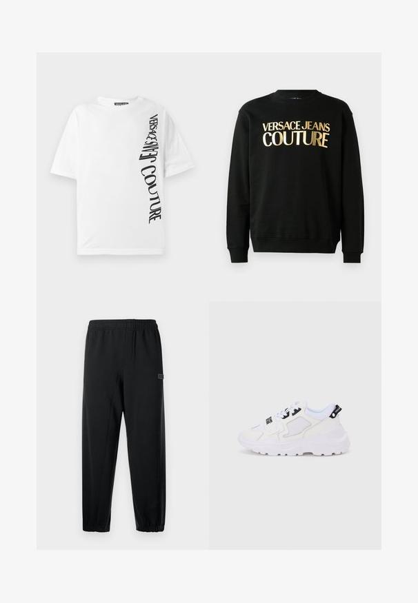 Musta puuvilla-polüesterist valmistatud dressipluus, mille esiküljel on julge fontiga kuldne trükk "VERSACE JEANS COUTURE".; Valge ülepaisutatud t-särk, mis on valmistatud puuvillast, mustade vertikaalsete tähtedega, mis ütlevad "VERSACE JEANS COUTURE", vasakul küljel. Ümmargune kaelus.; Mustad mustad püksid elastse vöökohaga, kitsenevad jalad ja väike bränditud silt. Valmistatud siledast, kergekaalu kangast.; Valged spordijalatsid paksu tallaga, võrgust ja sünteetilisest materjalist pealsed, mustad detailid ja paelad. Tekstureeritud disain ja logo kandadel.