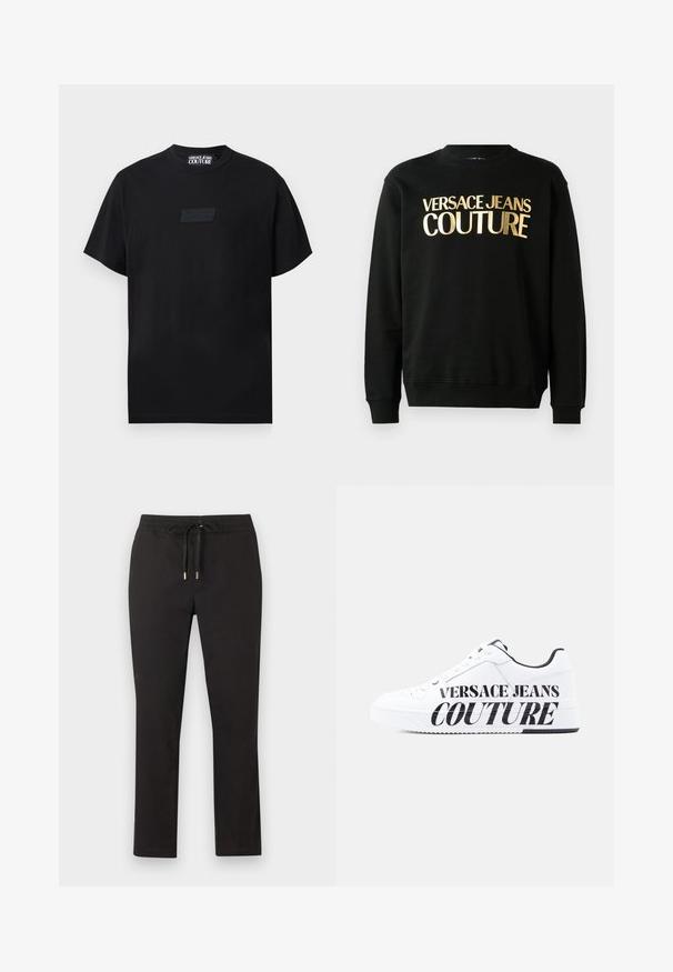 Sweatshirt noir en mélange de coton et de polyester, avec un texte imprimé en or "VERSACE JEANS COUTURE" sur le devant dans une police en gras.; T-shirt noir à manches courtes avec col rond, arborant un logo Versace Jeans Couture noir en relief discret sur la poitrine.; Pantalon noir à jambes droites avec ceinture élastique et cordon de serrage à embouts métalliques, posé à plat sur un fond clair.; Baskets blanches basses avec doublure intérieure noire, lacets à l'avant, et grand texte noir "Versace Jeans Couture" sur la semelle latérale et le dessus.