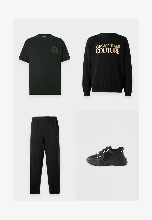 Musta puuvilla-polüesterist valmistatud dressipluus, mille esiküljel on julge fontiga kuldne trükk "VERSACE JEANS COUTURE".; Must mustaheline T-särk lühikeste varrukatega, ümmarguse kaelusega ja vasaku rinna kohal peene, tooni järgi sobiva Versace Jeans Couture logo kujutisega.; Mustad mustad püksid elastse vöökohaga, kitsenevad jalad ja väike bränditud silt. Valmistatud siledast, kergekaalu kangast.; Mustad tossud, millel on massiivne tald, mis sisaldab võrgust paneele ja nahast detalje. Varustatud valgete paelte ja külje peal logoga.