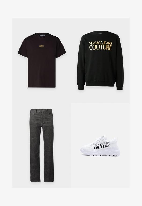 Musta puuvilla-polüesterist valmistatud dressipluus, mille esiküljel on julge fontiga kuldne trükk "VERSACE JEANS COUTURE".; Versace Jeans Couture LOGO PLACKET - Lihtne T-särk - black; Mustmustest sirgedega sirgedega teksad, millel on esitaskud ja tagataskud, vöökohad ja nööbikinnitus, valgel taustal.; Valged paksud tossud paksu tallaga, paela kinnitusega ja "Versace Jeans Couture" paksus mustas kirjas küljele trükitud.