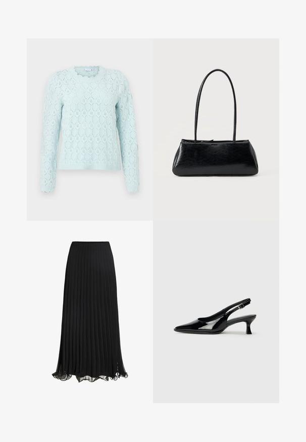 Hellblauer Pullover mit langen Ärmeln, einem gestrickten Wabenmuster und gewellten Rändern an Bündchen und Ausschnitt.; Schwarze, plissierte Maxiröcke aus leichtem Stoff mit fließendem Design. Mit einem Rüschensaum und einem elastischen Taillenbund für mehr Komfort.; Schwarze Lackleder Slingback-Schuhe mit spitzem Zehenbereich und niedrigem Blockabsatz. Verstellbarer Riemen mit Schnalle am Knöchel.; Schwarze rechteckige Schultertasche mit langen dünnen Trägern und einer glatten, glänzenden Textur auf einfarbigem Hintergrund.