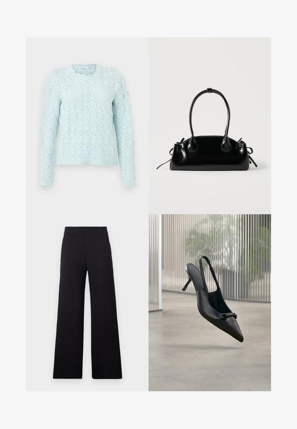 Pull bleu clair à manches longues avec un motif en nid d'abeille tricoté et des bords festonnés aux poignets et à l'encolure.; Pantalon noir à jambes larges avec une taille ajustée et un devant lisse, présenté sur un fond clair uni.; Chaussure à talon haut à bride arrière en cuir noir texturé avec un bout pointu et une petite boucle décorative, flottant au-dessus d'un sol lisse.; Petit sac à main noir brillant avec deux longues anses et des détails à cordon sur les côtés sur un fond clair uni.
