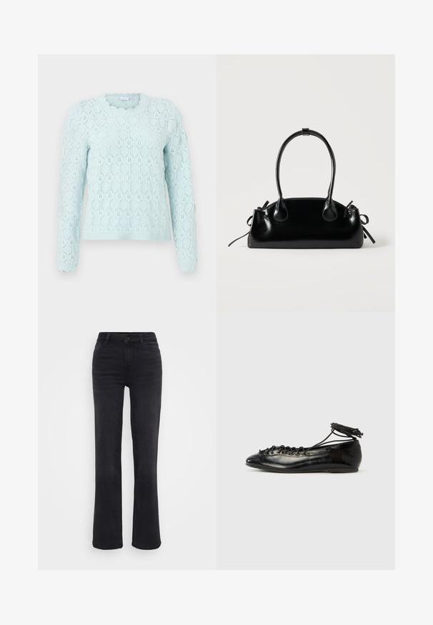 Pull bleu clair à manches longues avec un motif en nid d'abeille tricoté et des bords festonnés aux poignets et à l'encolure.; Jean en denim noir à coupe droite, avec une fermeture à bouton à l'avant, cinq poches et des détails de couture subtils.; Ballerines en cuir verni noir avec un bout rond, un design à lacets et une semelle plate. Texture lisse avec peu de détails.; Petit sac à main noir brillant avec deux longues anses et des détails à cordon sur les côtés sur un fond clair uni.