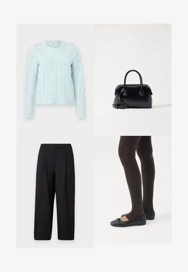 Pull bleu clair à manches longues avec un motif en nid d'abeille tricoté et des bords festonnés aux poignets et à l'encolure.; Pantalon noir avec une coupe décontractée, devant plissé, taille plate et texture lisse. Coupé à une longueur raccourcie, adapté pour un usage formel ou décontracté.; Jambes portant des leggings côtelés foncés associés à des ballerines noires avec de petits détails en nœud sur fond blanc.; Osoi BOAT BROT - Sac à main - black