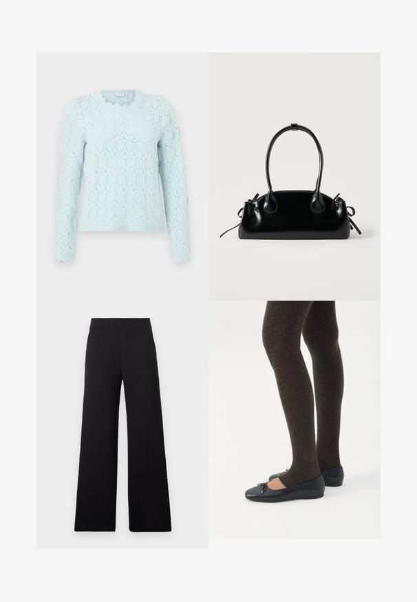 Pull bleu clair à manches longues avec un motif en nid d'abeille tricoté et des bords festonnés aux poignets et à l'encolure.; Pantalon noir à jambes larges avec une taille ajustée et un devant lisse, présenté sur un fond clair uni.; Jambes portant des leggings côtelés foncés associés à des ballerines noires avec de petits détails en nœud sur fond blanc.; Petit sac à main noir brillant avec deux longues anses et des détails à cordon sur les côtés sur un fond clair uni.