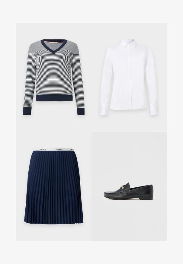 Pull en maille rayé avec un col en V. Rayures horizontales bleues et blanches, poignets et ourlet côtelés, tissu doux et encolure contrastée.; Chemise blanche à manches longues avec col pointu et silhouette ajustée, présentée sur un fond gris clair uni.; Jupe plissée navy avec un design texturé, taille élastique ornée du logo "LACOSTE" et tissu lisse.; Mocassin en cuir noir avec garniture décorative en métal doré, coutures apparentes, bout légèrement pointu et semelle plate et minimaliste.