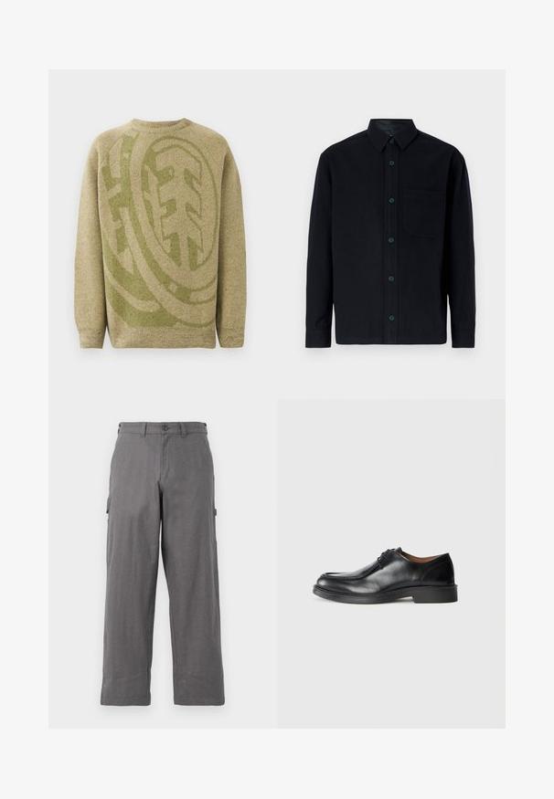 Beige Pullover mit einem großen grünen kreisförmigen Muster. Das Material wirkt strukturiert, mit einem gerippten Ausschnitt und Bündchen.; Schwarzes Button-up-Hemd aus Baumwolle. Verfügt über eine Brusttasche, lange Ärmel und dunkle Knöpfe. Glatte Textur mit klassischem Kragendesign.; Graue Cargo-Hosen mit geradem Bein-Design, aus strapazierfähigem Stoff. Mit Seitentaschen und einem Knopfverschluss an der Taille.; Schwarze Leder-Dressschuhe mit abgerundetem Zehenbereich, glatter Oberfläche, Schnürdetails und einer niedrigen, strukturierten Gummisohle. Saubere Linien und minimalistisches Design.