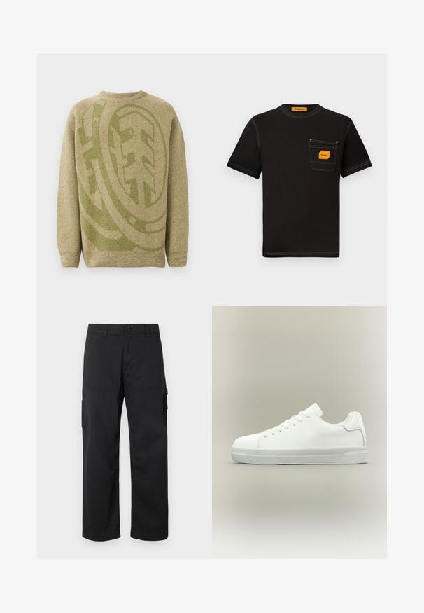 Beige Pullover mit einem großen grünen kreisförmigen Muster. Das Material wirkt strukturiert, mit einem gerippten Ausschnitt und Bündchen.; Schwarzes Baumwoll-T-Shirt mit Rundhalsausschnitt, kurzen Ärmeln und einer Brusttasche, die ein oranges Etikett und kontrastierende Nähte aufweist.; Schwarze Cargo-Hosen mit geradem Bein, mehreren Seitentaschen und einem Knopfverschluss. Hergestellt aus strapazierfähigem, leichtem Stoff.; Weißer Sneaker in niedriger Schnittform mit Schnürung vorne, gepolstertem Kragen und strukturiertem Gummisohle, seitlich auf neutralem Hintergrund dargestellt.