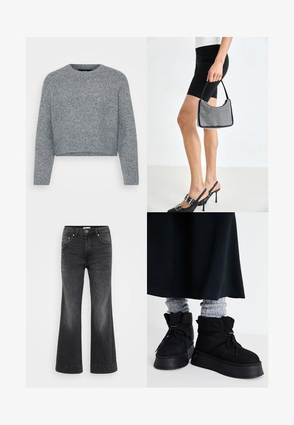 Grå, cropped sweater i et struktureret strik, med en rund halsudskæring og lange ærmer. Materialet ser blødt og varmt ud.; Sorte brede ben jeans med høj talje, lavet af denim. Har forlommer, kobbernitter og synlige sømme langs sømmenes kant.; Sorte, puffede ankelstøvler med flade såler, snørebånd og fremtrædende stikninger. Bæret med grå ribbede sokker, der stikker frem, sammen med en mørk nederdel.; Sort perlehandtaske med en buet silhuet, bærehåndtag og blank overflade. Båret med højhælede sorte sko og tætsiddende sorte shorts.