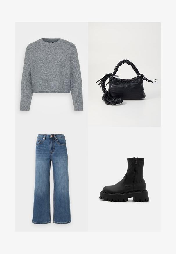 Grå, cropped sweater i et struktureret strik, med en rund halsudskæring og lange ærmer. Materialet ser blødt og varmt ud.; Blå denim jeans med vide ben, fem lommer, knaplukning og bæltestropper vist mod en ensartet lys baggrund.; Sorte ankelstøvler lavet af mat syntetisk materiale, med en sidelukning, en chunky platformsål med tandskær og forstærkede sømme.; Sort kunstlæder håndtaske med krokodilteksur, indsnøret top og en sammenkrøben rem. Ser blød og kompakt ud i designet.