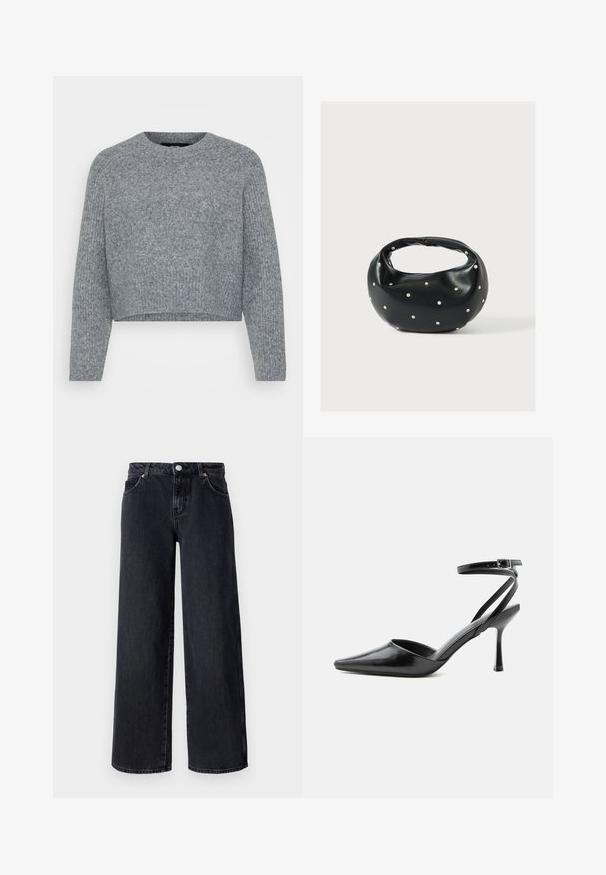 Hallhalli, lühendatud sviiter tekstuurses kudumis, millel on ümar kaelus ja pika varrukaga. Materjal näib olevat pehme ja soe.; Vero Moda Petite VMREMY MR WIDE - Wide leg - black denim; Mustad terava otsaga kõrged kontsakingad peente pahkluu rihmade ja hõbedase pandlaga ühevärvilise heleda taustal.; Mustast nahast ümmarguse kujuga käekott, kaunistatud hõbedaste naeladega, lühikese sangaga. Sile tekstuur ja tõmblukuga sulgemine.