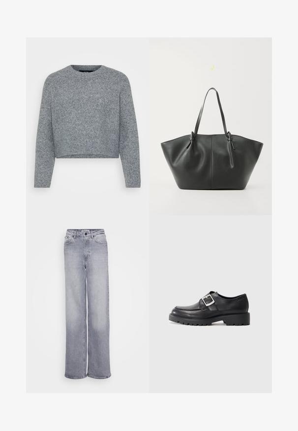 Hallhalli, lühendatud sviiter tekstuurses kudumis, millel on ümar kaelus ja pika varrukaga. Materjal näib olevat pehme ja soe.; ONLY Tall ONLJUICY WIDE LEG - Wide leg - medium grey denim; Mustad nahast kingad ümarate varvastega, küljes kaaluga d detailiga ja paksu, robustse tallaga. Sile tekstuur, minimaalne õmblemine.; Vero Moda VMDITTA - Kandekott - black