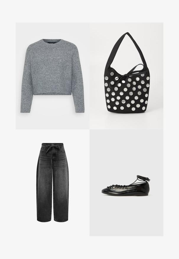 Grå, cropped sweater i et struktureret strik, med en rund halsudskæring og lange ærmer. Materialet ser blødt og varmt ud.; ONLY Straight fit ONLGIANNA Mid waist Balloon - Jeans Straight Leg - washed black; Sorte balletflade sko i laklæder med rundet tå, snørelukning og flad sål. Glat tekstur med få detaljer.; Sort stof håndtaske med en afrundet form, der har sølvfarvede cirkulære metalnitter arrangeret i et mønster, samt et bundet stofaccent.