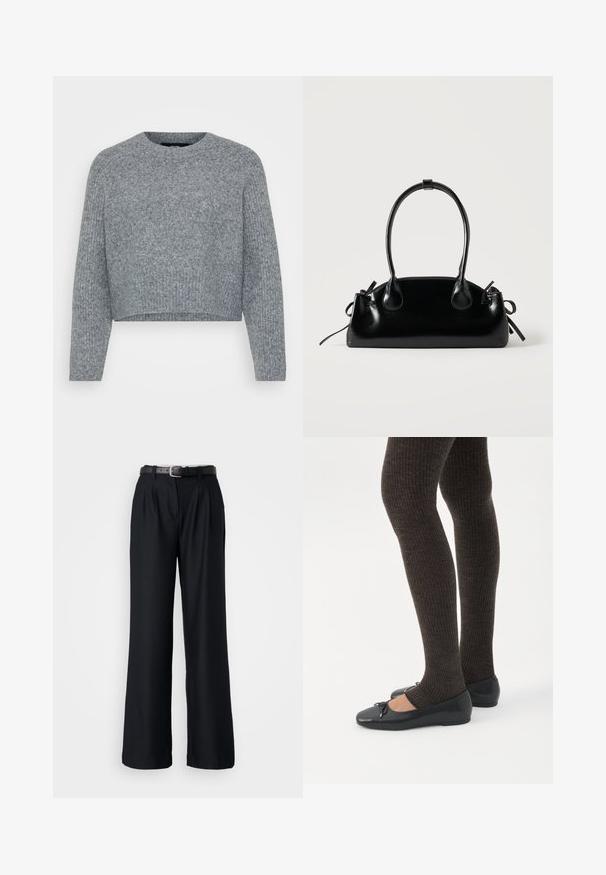 Suéter gris, corto, de punto texturizado, con un cuello redondo y mangas largas. El material parece suave y cálido.; Pantalones de pierna ancha negros, hechos de una tela suave, con pliegues frontales y un cinturón negro a juego con una hebilla plateada.; Piernas con leggings oscuros acanalados combinados con bailarinas negras que presentan pequeños detalles de lazo sobre un fondo blanco.; Pequeño bolso negro brillante con dos asas largas y detalles de cordón lateral sobre un fondo claro liso.