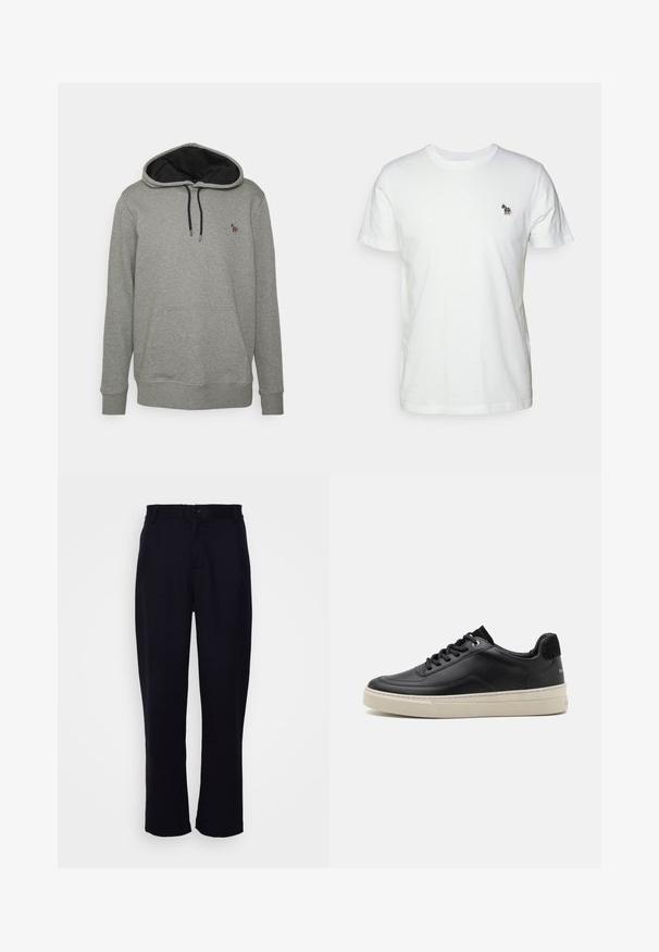 Grau Hoodie mit schwarzer Innenseite, Kordelzügen und einer Fronttasche. Verfügt über ein kleines, farbenfrohes Logo auf der Brust. Weicher Stoff.; Weißes Baumwoll-T-Shirt mit classic Rundhalsausschnitt und kurzen Ärmeln. Mit einem kleinen, mehrfarbigen gestickten Pferdelogo auf der Brust.; Schwarze Hose mit geradem Bein-Design, ausgestattet mit einem taillierten Bund, einem einzelnen Vorderknopf und zwei Fronttaschen. Glatte Textur.; Schwarzer Ledersneaker mit niedrigem Profil, ausgestattet mit einer cremefarbenen Gummisohle, runder Zehe und Schnürdesign, akzentuiert mit einer Ferse aus schwarzem Wildleder.