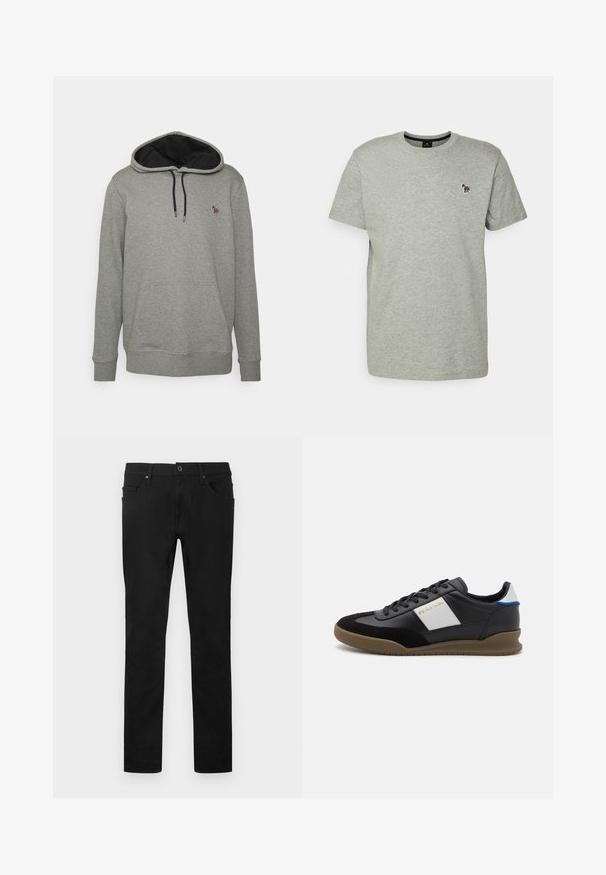 Sivá mikina s čiernym vnútrom, so šnúrkami a prednou kapsou. Obsahuje malé, farebné logo na hrudi. Mäkká textúra látky.; PS Paul Smith MENS SLIM FIT ZEBRA - Základné tričko - grey; Čierne rovné nohavice s predným gombíkom a zipsom, pútky na opasok a dizajn s piatimi vreckami na bielom pozadí.; Čierne kožené a semišové tenisky s šedým panelom, hnedou gumovou podrážkou a modrým akcentom na päte. Obsahujú šnúrky a embosované logo.