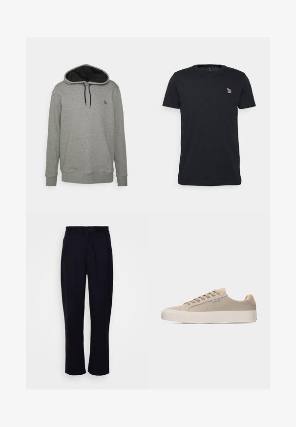 Haut à capuche gris avec un intérieur noir, des cordons et une poche frontale. Présente un petit logo coloré sur la poitrine. Texture de tissu douce.; T-shirt en coton noir à col rond et à manches courtes. Présente un petit logo brodé multicolore sur la poitrine.; Pantalon noir avec un design à jambe droite, présentant une taille ajustée, un unique bouton à l'avant et deux poches avant. Texture lisse.; Baskets basses en suède beige avec lacets ton sur ton, semelle épaisse en caoutchouc blanc et petite étiquette de marque sur le panneau latéral.