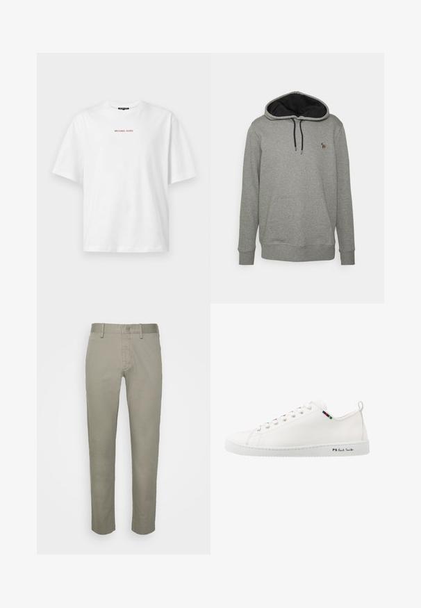 Grau Hoodie mit schwarzer Innenseite, Kordelzügen und einer Fronttasche. Verfügt über ein kleines, farbenfrohes Logo auf der Brust. Weicher Stoff.; Weißes T-Shirt mit kurzen Ärmeln und Rundhalsausschnitt, mit kleinem roten "MICHAEL KORS"-Schriftzug mittig auf der Brust.; Hellgraue khakifarbene Hose im Slim-Fit-Design, mit flachem Vorderteil, Standardtaschen und glatter Stoffoberfläche.; Weiße Leder-Sneaker mit glatter Textur, runder Zehenpartie und kontrastierendem Farbstreifen-Detail in der Nähe der Schnürsenkel. Verfügt über eine Gummisohle und eine markierte Seite.