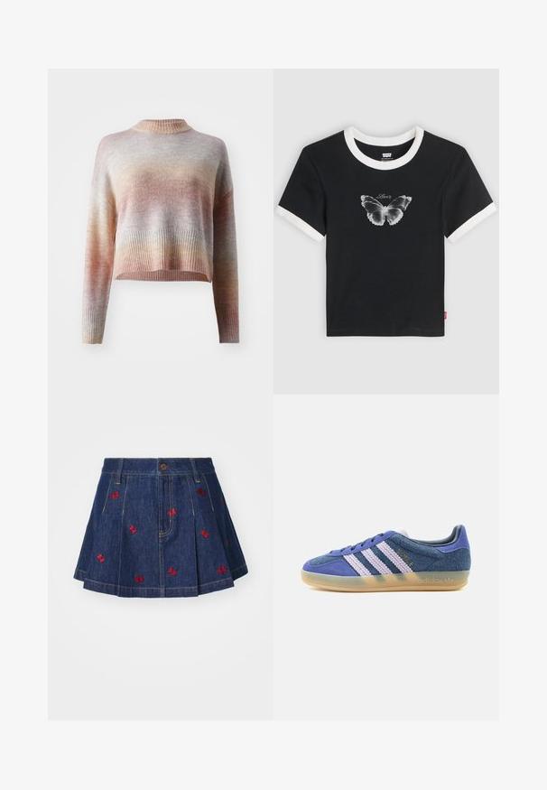 Noisy May NMLIVA O NECK - Jersey de punto - flamingo pink/multi-coloured; Camiseta negra de manga corta con cuello y puños blancos. Presenta un gráfico de mariposa y el texto "Levi's" en el centro. Tejido de algodón.; Falda de mezclilla con pliegues y un lavado oscuro, con detalles de mariposas bordadas en rojo y un clásico diseño de cinco bolsillos con cierre de botón frontal.; Zapatilla baja de ante azul con rayas blancas texturizadas, suela de goma translúcida y logotipo dorado "BAYRE" en el lateral.