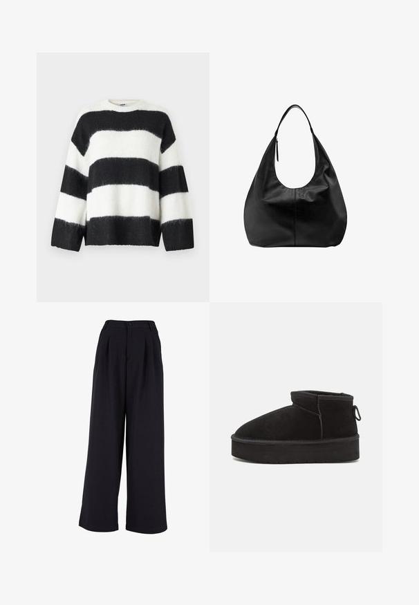 Sort og hvids stribet sweater med løs pasform, rund udskæring og lange ærmer; lavet af blødt, fuzzy materiale.; Bredde bukser i sort stof med frontpliser, knaplukning og en glat overflade. Skræddersyet design med høj talje.; Sorte ruskinds ankelstøvler med en rund tå, der har en forhøjet sål og en sidesløjfe for nem påtagning. Designet er enkelt med minimale detaljer.; Sort læder slouchy hobo-håndtaske med en enkelt bred rem og en lynlåsdetalje på en ensfarvet hvid baggrund.