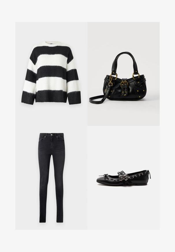 Sort og hvids stribet sweater med løs pasform, rund udskæring og lange ærmer; lavet af blødt, fuzzy materiale.; Sorte slim-fit denim jeans med fem lommer og knapåbning i taljen, præsenteret mod en ensfarvet hvid baggrund.; Sort flad balletsko med dobbelt spænde, sølvøjer og en lille sløjfe nær den runde tå på en hvid baggrund.; Sort læderhåndtaske med guldbælge og nitdetaljer, korte håndtag og en justerbar skulderrem på en ensfarvet hvid baggrund.