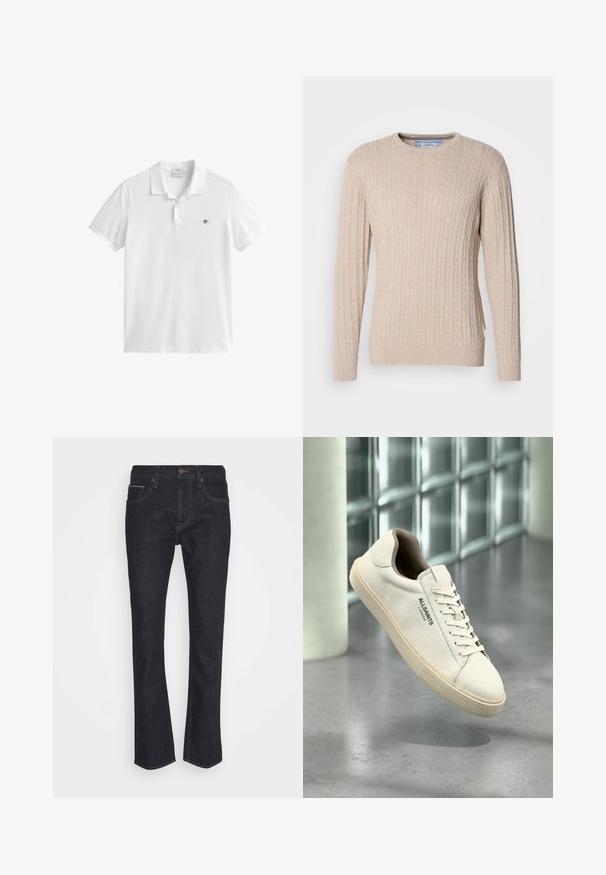 Pull en tricot beige à maille torsadée avec des manches longues, un col rond, et des poignets et un ourlet côtelés, présenté sur un fond blanc.; Polo blanc à manches courtes avec deux boutons et petit logo écusson brodé sur la poitrine gauche.; Jeans en denim bleu foncé avec un design à jambe droite. Comprend une fermeture à bouton, des passants de ceinture et un style classique à cinq poches.; Baskets en toile blanche avec semelle et lacets beige, logo "AllSaints London" sur le côté, flottant au-dessus d'un sol gris poli près de blocs de verre.