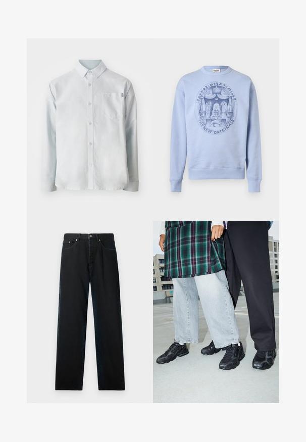 Svetlomodrá mikina s okrúhlym výstrihom, na ktorej je detailná kruhová grafika zobrazuje postavy, trón, leva a nápis "THE NEW ORIGINALS."; New Balance OXFORD - Košeľa - blue; Čierne denimové džínsy so rovnými nohavicami, dizajnom s piatimi vreckami a kovovými doplnkami. Tkanina má hladkú textúru a minimálne blednutie.; Čierne športové topánky s sieťovinou a gumovými akcentmi. Nosené s svetlošedými širokými džínsami a kockovaným zeleným topom. Pozadie s plochým povrchom.