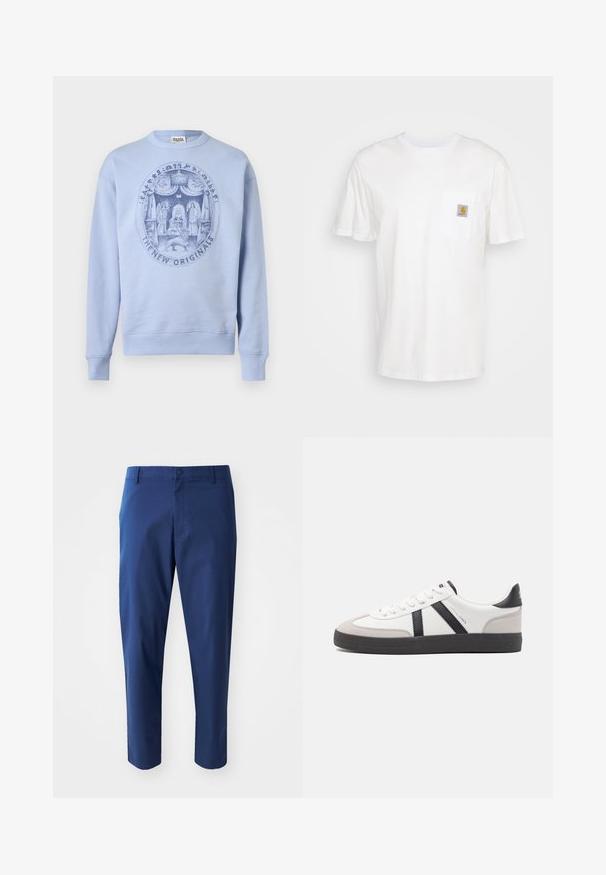 Lyseblå sweatshirt med rund halsudskæring med en detaljeret cirkulær grafik af figurer, en trone, en løve og teksten "THE NEW ORIGINALS."; Hvid bomulds T-shirt med korte ærmer, en brystlomme, og et lille firkantet logo patch i orange og hvid på lommen.; Mørkeblå chinos med en glat tekstur, en knaplukning i taljen og sidelommer, der har et skræddersyet fit og cropped længde.; Hvide sneakers med sorte og grå detaljer, med en tekstureret grå tåhætte, sort gummisål og flade hvide snørebånd. Rent design, minimalistisk stil.