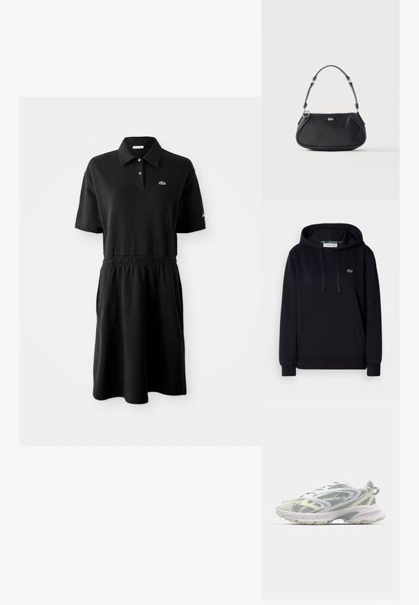 Hoodie noir en tissu doux, avec une poche kangourou, capuche à cordon, poignets côtelés et un petit logo de crocodile vert sur la poitrine.; Robe polo noire à manches courtes avec col, deux boutons, ceinture élastique et petit logo croco vert sur la poitrine.; Chaussure de sport en mesh gris et crème, avec une tige texturée, un embout renforcé et une semelle extérieure robuste de couleur claire pour une bonne adhérence.; Sac d'épaule noir avec sangle réglable, fermeture éclair et petit logo crocodile argenté au centre devant.