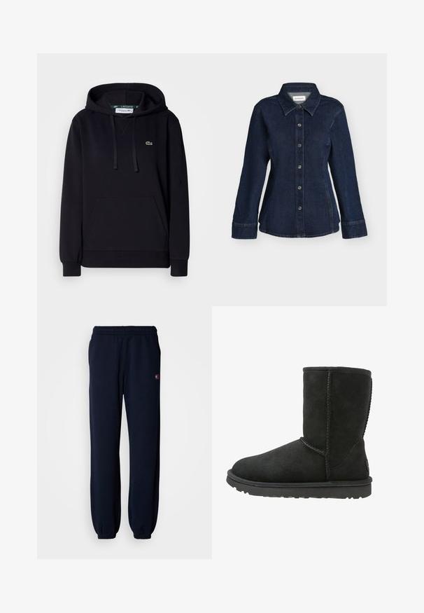 Zwarte hoodie van zacht materiaal, met een kangoeroezak, een capuchon met trekkoord, ribgebreide manchetten en een klein groen krokodillogo op de borst.; Donkerblauw denim overhemd met lange mouwen, knopen aan de voorkant, puntige kraag en getailleerde taille details op een witte achtergrond.; Donkerblauwe sweatpants gemaakt van zachte stof, voorzien van een elastische tailleband en taps toelopende boorden. Klein logo aan de zijkant. Eenvoudig, ontspannen ontwerp.; Zwarte suède enkellaars met een ronde neus, gestikte naden en een platte rubberen zool. Heeft een eenvoudig ontwerp zonder versieringen.