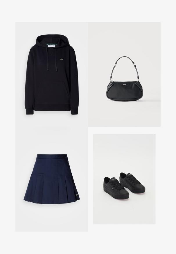 Hoodie noir en tissu doux, avec une poche kangourou, capuche à cordon, poignets côtelés et un petit logo de crocodile vert sur la poitrine.; Jupe plissée bleu marine avec une taille ajustée, fabriquée à partir d'un tissu lisse. Présente un petit logo Lacoste sur l'ourlet.; Baskets basses noires en matériau lisse, avec des lacets épais, une semelle texturée et un petit logo sur le côté et la languette.; Sac d'épaule noir avec sangle réglable, fermeture éclair et petit logo crocodile argenté au centre devant.