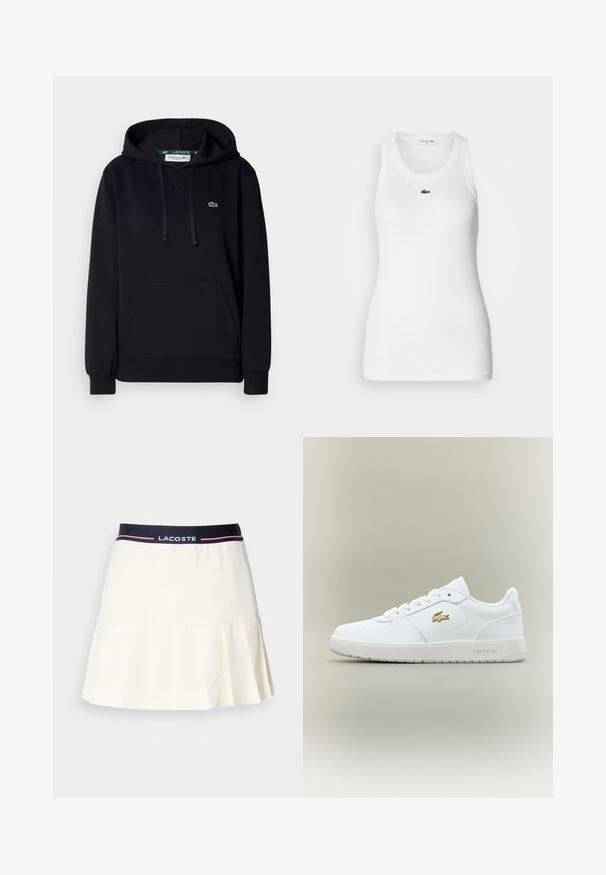 Hoodie noir en tissu doux, avec une poche kangourou, capuche à cordon, poignets côtelés et un petit logo de crocodile vert sur la poitrine.; Débardeur blanc sans manches avec un col rond et une texture côtelée. Présente un petit logo crocodile vert de Lacoste sur la poitrine.; Jupe plissée blanche avec une ceinture marine arborant un logo Lacoste et des accents rouges. Fabriquée dans un matériau lisse et doux.; Baskets en cuir blanc avec un design basse, bout arrondi, fermeture à lacets et un accent du logo doré Lacoste sur le côté.