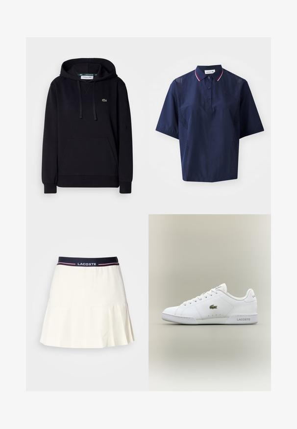 Sort hættetrøje lavet af blødt stof, med en kængurulomme, snor i hætten, ribbede manchetter og et lille grønt krokodillelogo på brystet.; Mørkeblå kortærmet polo shirt med knaplukning, kontrasterende krave med røde og hvide detaljer samt perforerede sider for åndbarhed.; Hvid plisseret nederdel med en marineblå talje, der har et Lacoste-logo og røde detaljer. Lavet af et glat, blødt materiale.; Hvide sportsko lavet af syntetisk læder, med et grønt broderet krokodillelogo, snørelukning og minimalistisk silhuet.