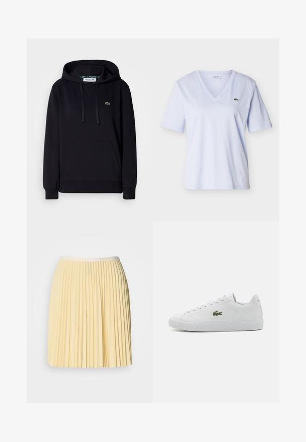 Schwarzer Hoodie aus weichem Stoff, mit einer Kängurutasche, Kapuze mit Kordelzug, gerippten Bündchen und einem kleinen grünen Krokodillogo auf der Brust.; Hellblaues T-Shirt mit V-Ausschnitt und kurzen Ärmeln, mit kleinem grünen Krokodil-Logo auf der linken Brust, vor einfachem Hintergrund dargestellt.; Heller gelber, plissierter Rock mit einem Bund, der das Lacoste-Logo trägt. Hergestellt aus leichtem Material, hat er ein fließendes Design und eine glatte Textur.; Weiße Leder-Sneaker mit abgerundeter Zehenpartie, Schnürdesign, grünem, gesticktem Krokodil-Logo und strukturiertem Gummisohl.