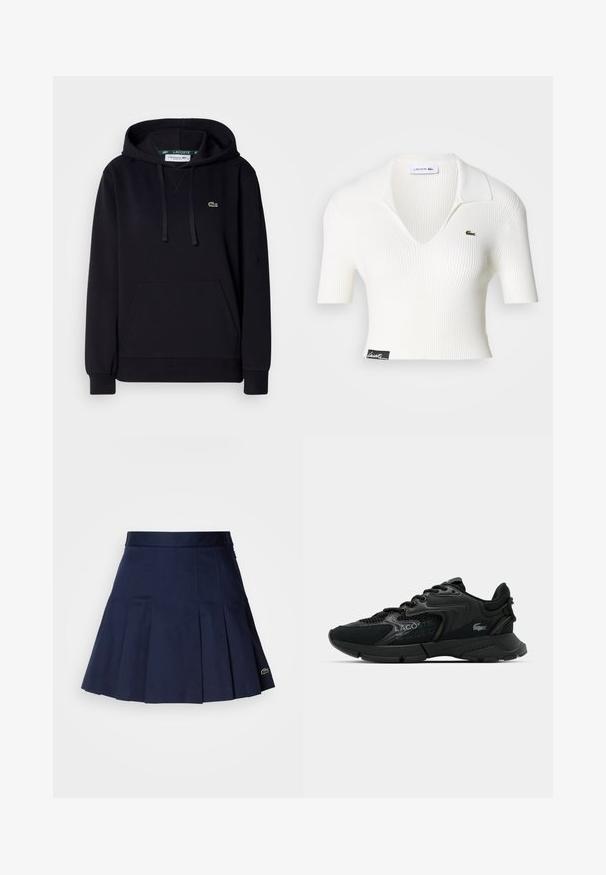 Zwarte hoodie van zacht materiaal, met een kangoeroezak, een capuchon met trekkoord, ribgebreide manchetten en een klein groen krokodillogo op de borst.; Witte geribbelde cropped polo met een V-hals, korte mouwen en een groen Lacoste krokodil logo op de linkerborst. Zwart label aan de zoom.; Marineblauwe plooienrok met een aangesloten tailleband, gemaakt van een soepele stof. Beschikt over een klein Lacoste-logo op de zoom.; Zwarte sportieve sneaker van mesh en synthetische materialen, met textuuraccenten, vetersluiting en een opvallend logo op de zijkant.