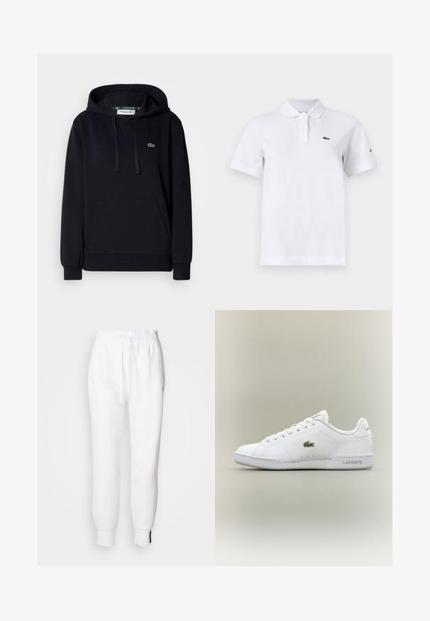 Sort hættetrøje lavet af blødt stof, med en kængurulomme, snor i hætten, ribbede manchetter og et lille grønt krokodillelogo på brystet.; Hvid polo-shirt med korte ærmer med to knapper, en lille grøn krokodille-logo på venstre bryst og et diskret sort logo på venstre ærme.; Hvide joggerbukser med elastisk talje og snøre, der har sidelommer og ribbet manchetter. Blødt stof med broderet logodetalje.; Hvide sportsko lavet af syntetisk læder, med et grønt broderet krokodillelogo, snørelukning og minimalistisk silhuet.