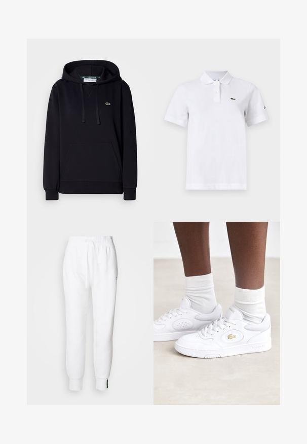 Sort hættetrøje lavet af blødt stof, med en kængurulomme, snor i hætten, ribbede manchetter og et lille grønt krokodillelogo på brystet.; Hvid polo-shirt med korte ærmer med to knapper, en lille grøn krokodille-logo på venstre bryst og et diskret sort logo på venstre ærme.; Hvide joggerbukser med elastisk talje og snøre, der har sidelommer og ribbet manchetter. Blødt stof med broderet logodetalje.; Hvide lædersneakers fra Lacoste med perforerede sidepaneler, guld logoaccent og struktureret hvid gummisål. Sammen med hvide sokker.