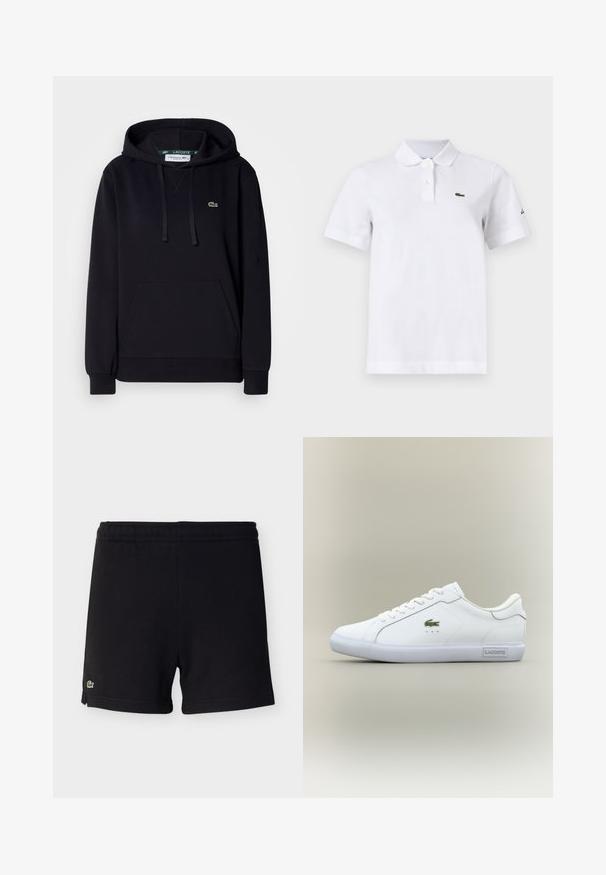 Hoodie noir en tissu doux, avec une poche kangourou, capuche à cordon, poignets côtelés et un petit logo de crocodile vert sur la poitrine.; Polo blanc à manches courtes avec deux boutons, un petit logo crocodile vert sur la poitrine gauche et un logo noir discret sur la manche gauche.; Shorts en coton noirs avec ceinture élastique et petit logo crocodile vert sur l'ourlet inférieur gauche.; Baskets basses blanches avec lacets blancs, logo crocodile vert sur le côté et étiquette "Lacoste" sur la semelle, le tout sur un fond neutre.
