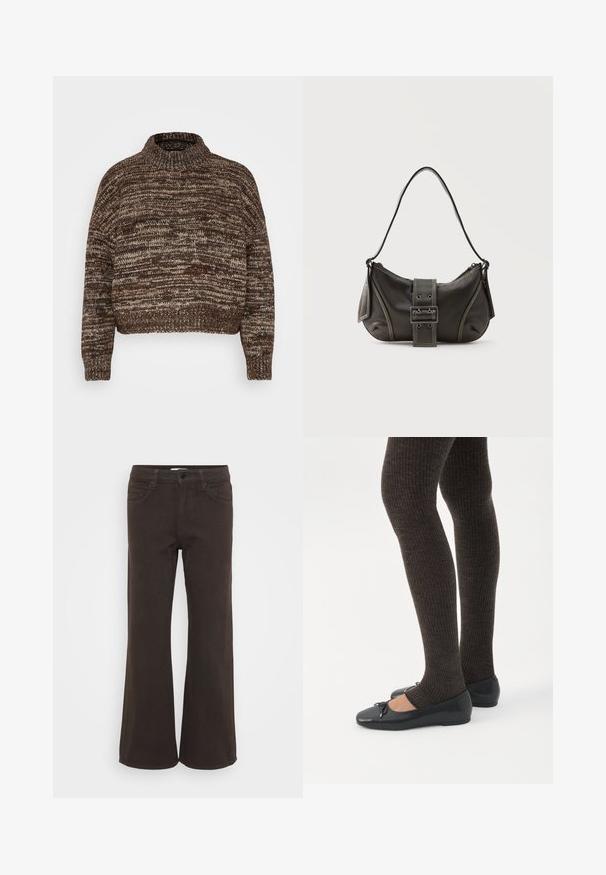 Vero Moda Petite VMDAIMA - Neule - chocolate torte/silver mink/gold; Vaimennuslahkeet, tummanruskeat farkut, valmistettu puuvillasekoitteesta. Ominaisuuksiin kuuluu neljä taskua, vyölenkit ja edessä nappikiinnitys. Sileä pinta.; Jalat, joissa tummat ribbineuleiset leggingsit yhdistettynä mustiin balettitossuihin, joissa on pienet rusettikoristeet valkoisella taustalla.; Musta nahkainen olkalaukku, jossa solkikiinnitys, pyöristetyt reunat ja vastavärinen valkoinen ommel yksivärisellä taustalla.