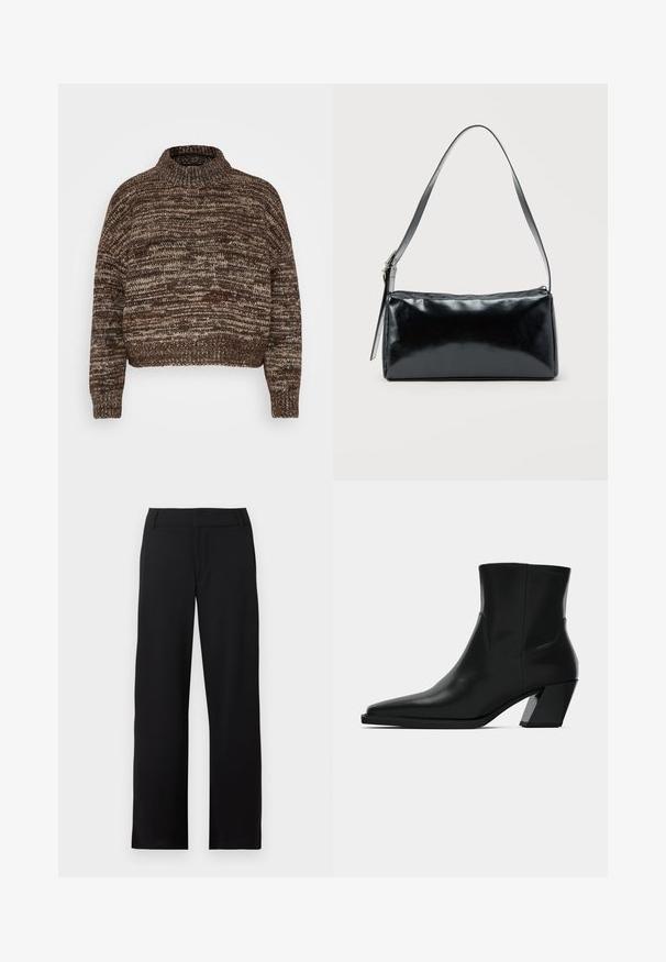 Vero Moda Petite VMDAIMA - Svetrík - chocolate torte/silver mink/gold; Čierne nohavice rovného strihu s pútkami na opasok a zipsom vpredu, zobrazené na bielom pozadí.; Čierna kožená členková topánka s špicatou špičkou, elegantným siluetou a masívnym štvorecovým podpätkom. Hladký povrch s minimálnymi švovými detailmi.; Čierna obdĺžniková kabelka na rameno s jedným nastaviteľným remienkom a horným zipsom na jednofarebnom pozadí.
