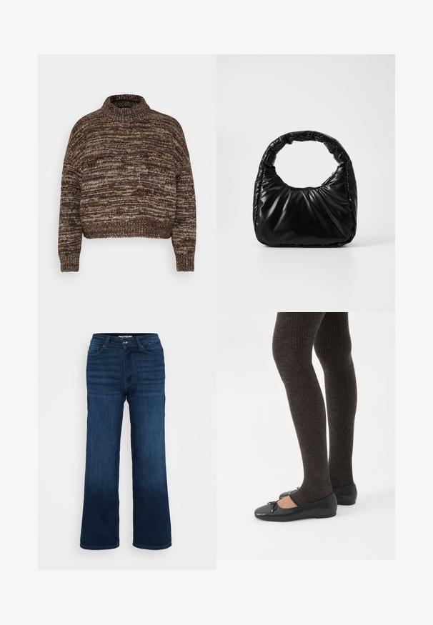 Vero Moda Petite VMDAIMA - Džemper - chocolate torte/silver mink/gold; ONLY Petite ONLMADISON BLUSH WIDE - Wide leg - dark blue denim; Jalad seljas tumedad soonelises soonelises kombines mustade baleriinadega, millel on väikesed paelade detailid valgel taustal.; Must mustaga, millel on ümar käepide, särav ja sile pind ning pehme quiltitud tekstuur. Nähtavaid metallosi ega aktsente ei ole.